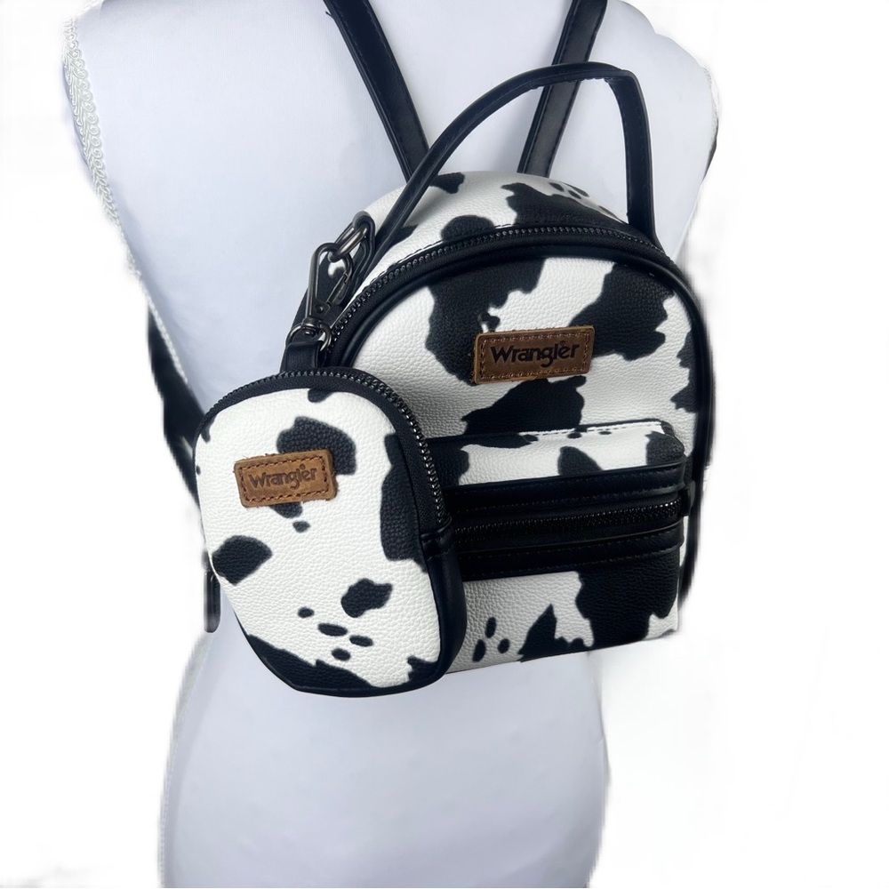 Wrangler Cow Print Mini Backpack Purse Black & White Faux Leather Western Bag - Picture 2 of 4